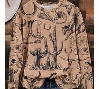 Sweat-shirt col rond polyvalent et rétro pour femmes, avec motifs western tels que bottes de cowboy, cactus, chevaux au galop et autres motifs western. Parfait pour l'automne et l'hiver. 1XL,2XL,3XL,4