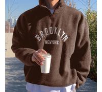 sweat-shirt col zippé mi-hauteur en sherpa avec broderie de lettre pour hommes, marron L,M,S,XLgraphique,LettresTissu tricoté