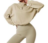 Sweat-Shirt Court à Demi-Zip pour Femme, Coupe Ample et Tendance, idéal pour Le Sport. Ce Pull à Capuche Court est doté de Poches et d'un Cordon de Serrage l'ourlet. Couleur Abricot, Taille S.