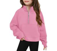 Sweat-shirt court demi-fermeture éclair pour filles Pull à manches longues Hauts Enfants Vêtements d'hiver légers Pull fille Taille 80, Rouge pastèque, 4-5 ans