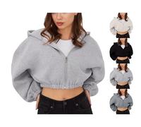 Sweat-shirt court pour femme, sweat à capuche décontracté à fermeture éclair, confortable à manches longues, manteau à capuche de couleur unie avec poches, sweatshirts légers Y2K, vêtements d'automne