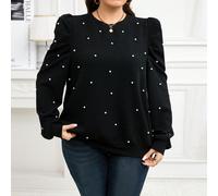 Sweat-shirt de grande taille pour femmes avec manches gigot longues, col rond et ornements de perles élégants, automne/hiver 0XL,1XL,2XL,3XL,4XL,5XLBlocs de couleur,UnicoloreTissu tricoté