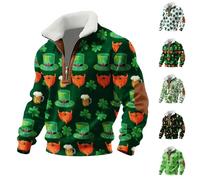Sweat-shirt de la Saint-Patrick pour homme avec fermeture éclair 1/4 - Pull trèfle Leprechaun irlandais - Costume amusant de trèfle vert - Col montant - Manches longues - Pull de vacances, Vert, 5XL