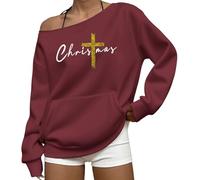 Sweat-shirt de Noël à épaules dénudées pour femme avec imprimé croix chrétienne, sweat-shirt décontracté à manches longues avec poche, bordeaux, 3XL