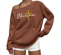 Sweat-shirt de Noël à épaules dénudées pour femme avec imprimé croix chrétienne, sweat-shirt décontracté à manches longues avec poche, marron, M