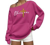 Sweat-shirt de Noël à épaules dénudées pour femme avec imprimé croix chrétienne, sweat-shirt décontracté à manches longues avec poche, rose vif, M