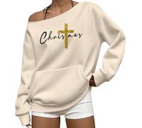 Sweat-shirt de Noël à épaules dénudées pour femme avec imprimé croix chrétienne, sweat-shirt décontracté à manches longues avec poche, beige, S