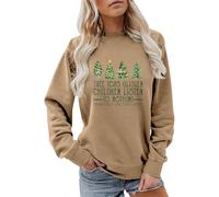 Sweat-shirt de Noël confortable pour femme - Haut d'arbre de Noël - Brillant - Lettres d'écoute - Imprimé arbre de Noël - Pour intérieur et extérieur - Cadeaux de Noël, kaki, XL