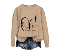 Sweat-shirt de Noël confortable pour femme, pull de Noël Oh Night Divine décontracté à manches longues pour la vie quotidienne, cadeaux de Noël, kaki, L