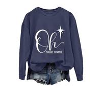 Sweat-shirt de Noël confortable pour femme, pull de Noël Oh Night Divine décontracté à manches longues pour la vie quotidienne, cadeaux de Noël, bleu marine, XXL