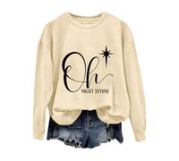 Sweat-shirt de Noël confortable pour femme, pull de Noël Oh Night Divine décontracté à manches longues pour la vie quotidienne, cadeaux de Noël, beige, L