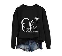 Sweat-shirt de Noël confortable pour femme, pull de Noël Oh Night Divine décontracté à manches longues pour la vie quotidienne, cadeaux de Noël, Noir , S