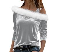 Sweat-shirt de Noël élégant pour femme avec col en peluche et épaules dénudées., gris, XXL