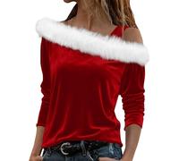 Sweat-shirt de Noël élégant pour femme avec col en peluche et épaules dénudées., Rouge, XXL