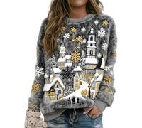 Sweat-shirt de Noël en flanelle imprimé chat pour femme, pull fantaisie de Noël à col rond, haut de vacances, vêtements festifs, vêtements d'hiver, décontracté, tendance, doux et chaud, Gris flocon de