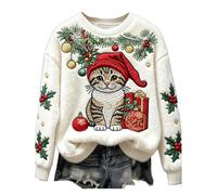Sweat-shirt de Noël en flanelle imprimé chat pour femme, pull fantaisie de Noël à col rond, haut d'hiver, décontracté, élégant, doux, chaud, confortable, vêtements festifs, blanc, XXL