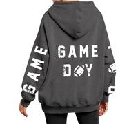 Sweat-shirt de Noël et cordon de serrage imprimé avec motif de football à manches longues pour femme à la mode avec capuche, pull en coton léger, Gris foncé, S