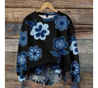 sweat-shirt décontracté ample à col rond, manches longues, imprimé floral effet jean, taille grande pour femmes 0XL,1XL,2XL,3XL,4XL,5XLPlantes,Imprimés aléatoiresTissu tricoté