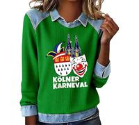 Sweat-shirt décontracté avec col en jean, détails patchwork, manches longues, coupe ample, motif dessin animé, grande taille, hauts pour femme, vert, M