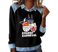 Sweat-shirt décontracté avec col en jean, détails patchwork, manches longues, coupe ample, motif dessin animé, grande taille, hauts pour femme, Noir , XXL
