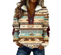 Sweat-Shirt décontracté Femme Style Occidental Manches Longues sans Capuche à Fermeture éclair Confortable pour Streetwear (Khaki, M)