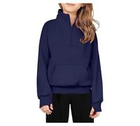Sweat-shirt demi-zippé en polaire à capuche pour enfants garçons ou filles, couleur unie, avec poignets élastiqués M (Bleu marine, 13-14 ans)