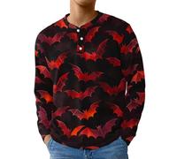 Sweat-shirt d'Halloween à manches longues pour homme - Imprimé chauve-souris - Costume d'Halloween 2025 - Mode urbaine - Pull boutonné - Vêtements d'automne, rose, 5XL