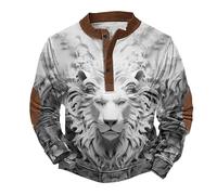 Sweat-shirt d'Halloween effrayant pour homme avec imprimé animal 3D - Pull d'automne à manches longues - Haut Henley boutonné - Costumes de vacances pour adultes 2025, blanc, XL