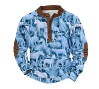 Sweat-shirt d'Halloween effrayant pour homme avec imprimé animal 3D - Pull d'automne à manches longues - Haut Henley boutonné - Costumes de vacances pour adultes 2025, bleu clair, L