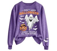 Sweat-shirt d'Halloween « I Don't Need Halloween Boo I Ghost People All Year Round » pour femme - Imprimé vintage et col rond - Haut décontracté à manches longues, violet, 3XL