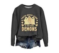 Sweat-shirt d'Halloween pour femme, fantôme « You're Never Alone If You Have Demons », sweatshirts à col ras du cou, costumes pour adultes 2025, gris foncé, L