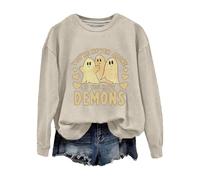 Sweat-shirt d'Halloween pour femme, fantôme « You're Never Alone If You Have Demons », sweatshirts à col ras du cou, costumes pour adultes 2025, beige, M