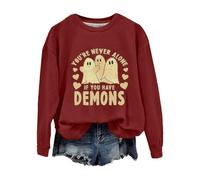 Sweat-shirt d'Halloween pour femme, fantôme « You're Never Alone If You Have Demons », sweatshirts à col ras du cou, costumes pour adultes 2025, bordeaux, XXL