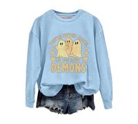 Sweat-shirt d'Halloween pour femme, fantôme « You're Never Alone If You Have Demons », sweatshirts à col ras du cou, costumes pour adultes 2025, bleu clair, S