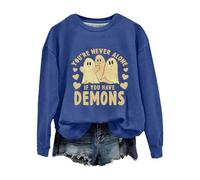 Sweat-shirt d'Halloween pour femme, fantôme « You're Never Alone If You Have Demons », sweatshirts à col ras du cou, costumes pour adultes 2025, bleu, S