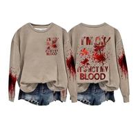 Sweat-shirt d'Halloween pour femme « Im Ok It's Not My Blood » avec visage de citrouille sanglante et col rond - Joli sweat-shirt - Costumes - Pull - Tenues 2025 pour femme adulte, kaki, XXL