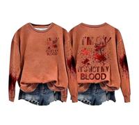 Sweat-shirt d'Halloween pour femme « Im Ok It's Not My Blood » avec visage de citrouille sanglante et col rond - Joli sweat-shirt - Costumes - Pull - Tenues 2025 pour femme adulte, Orange, S