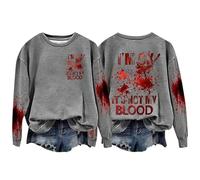 Sweat-shirt d'Halloween pour femme « Im Ok It's Not My Blood » avec visage de citrouille sanglante et col rond - Joli sweat-shirt - Costumes - Pull - Tenues 2025 pour femme adulte, gris, XXL