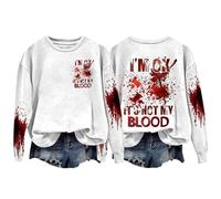 Sweat-shirt d'Halloween pour femme « Im Ok It's Not My Blood » avec visage de citrouille sanglante et col rond - Joli sweat-shirt - Costumes - Pull - Tenues 2025 pour femme adulte, blanc, L