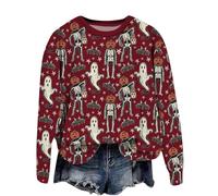 Sweat-shirt d'Halloween pour femme - Pull de danse fantôme squelette - Col rond - Manches longues - Col rond - Coupe ample - Haut imprimé graphique funky - Tenues festives Y2K Preppy, bordeaux, S