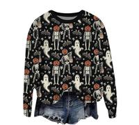 Sweat-shirt d'Halloween pour femme - Pull de danse fantôme squelette - Col rond - Manches longues - Col rond - Coupe ample - Haut imprimé graphique funky - Tenues festives Y2K Preppy, Noir , S