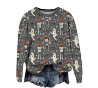 Sweat-shirt d'Halloween pour femme - Pull de danse fantôme squelette - Col rond - Manches longues - Col rond - Coupe ample - Haut imprimé graphique funky - Tenues festives Y2K Preppy, gris, S