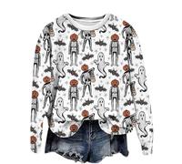 Sweat-shirt d'Halloween pour femme - Pull de danse fantôme squelette - Col rond - Manches longues - Col rond - Coupe ample - Haut imprimé graphique funky - Tenues festives Y2K Preppy, blanc, S