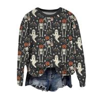 Sweat-shirt d'Halloween pour femme - Pull de danse fantôme squelette - Col rond - Manches longues - Col rond - Coupe ample - Haut imprimé graphique funky - Tenues festives Y2K Preppy, gris foncé, S