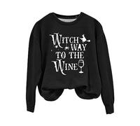 Sweat-shirt d'Halloween pour femme Witch Way To The Wine - Col rond - Manches longues - Pull - Costumes pour adultes - Tenues 2025, Noir , L