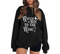 Sweat-shirt d'Halloween pour femme Witch Way To The Wine - Col rond - Manches longues - Pull pour femme - Costumes pour adultes, Noir , M