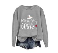 Sweat-shirt d'Halloween pour femme Witch Way To The Wine imprimé col rond haut sweatshirts costumes tenues adultes pull pour femmes 2025, gris, S
