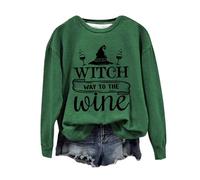 Sweat-shirt d'Halloween pour femme Witch Way To The Wine imprimé col rond tops automne sweatshirts costumes dames tenues pull adulte 2025, Vert, S