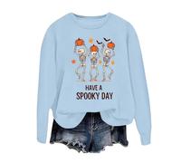 Sweat-shirt d'Halloween pour femmes sans pull imprimé col rond manches longues décontracté haut mode automne confortable vêtements de détente mélange doux streetwear, bleu ciel, XL