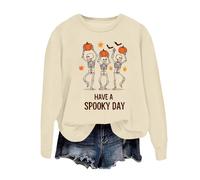 Sweat-shirt d'Halloween pour femmes sans pull imprimé col rond manches longues décontracté haut mode automne confortable vêtements de détente mélange doux streetwear, beige, XL